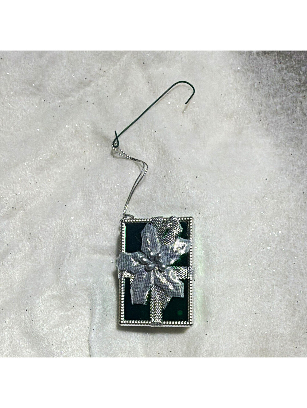 Green/Silver Christmas Present Gift Box Hanging Ornament w/ Ribbon, Rectangle, 1